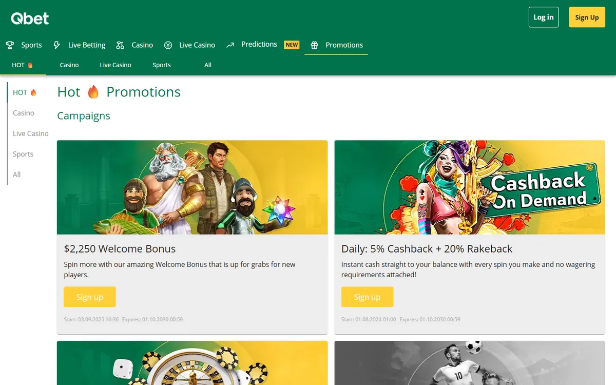 Qbet Casino — Promotions, captured from Canada