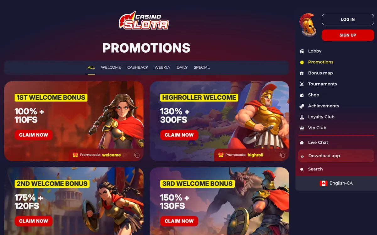 Slota Casino — «Акции», снято из страны Канада