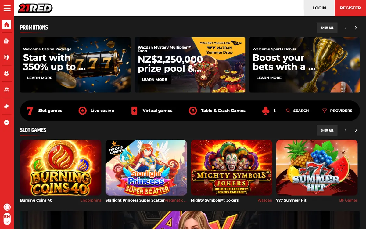 21.red Casino — Home page, captured from New Zealand