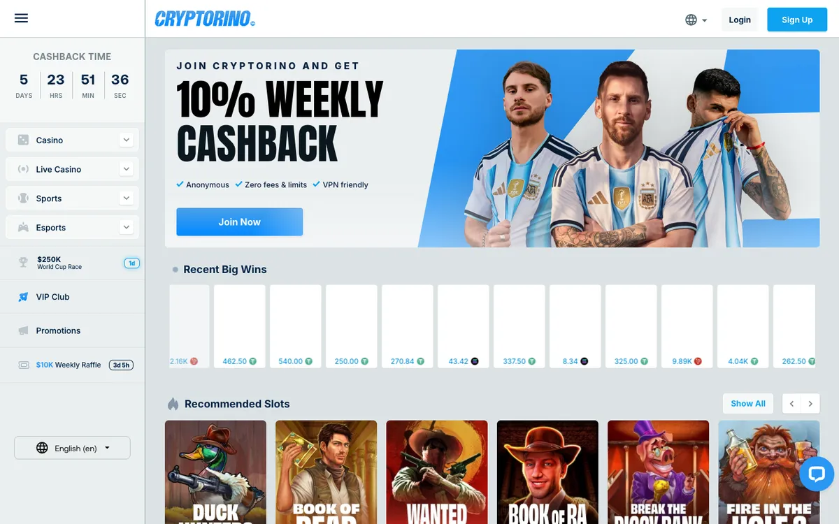 Cryptorino Casino — Home page, captured from United Kingdom