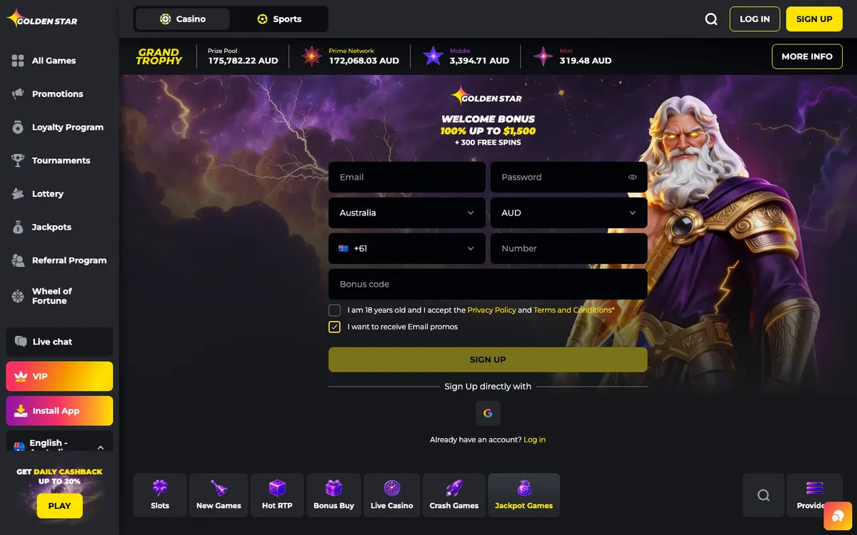 Golden Star Casino — Home page, captured from Australia