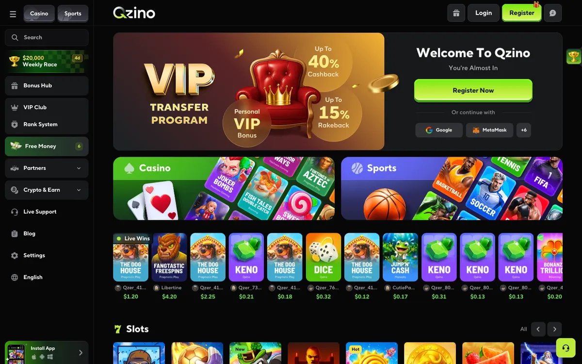 Qzino Casino — Home page, captured from Portugal