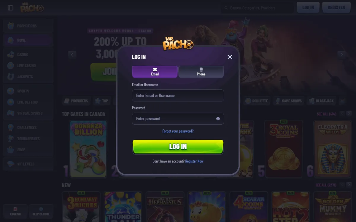 MrPacho Casino — Sign-up, captured from Canada