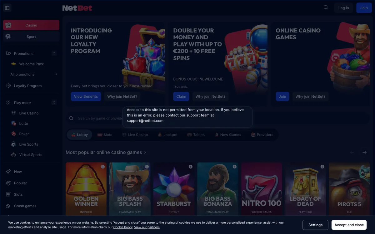 NetBet Casino — Home page, captured from Japan