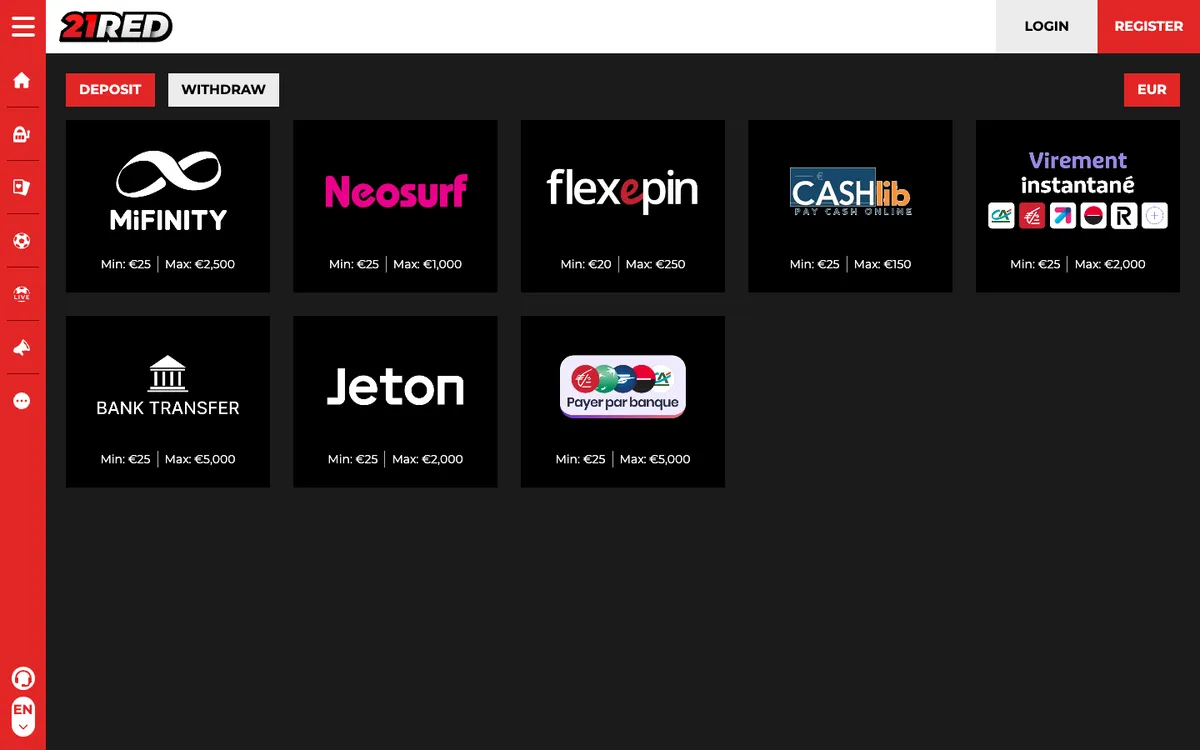 21.red Casino — Payments, captured from France