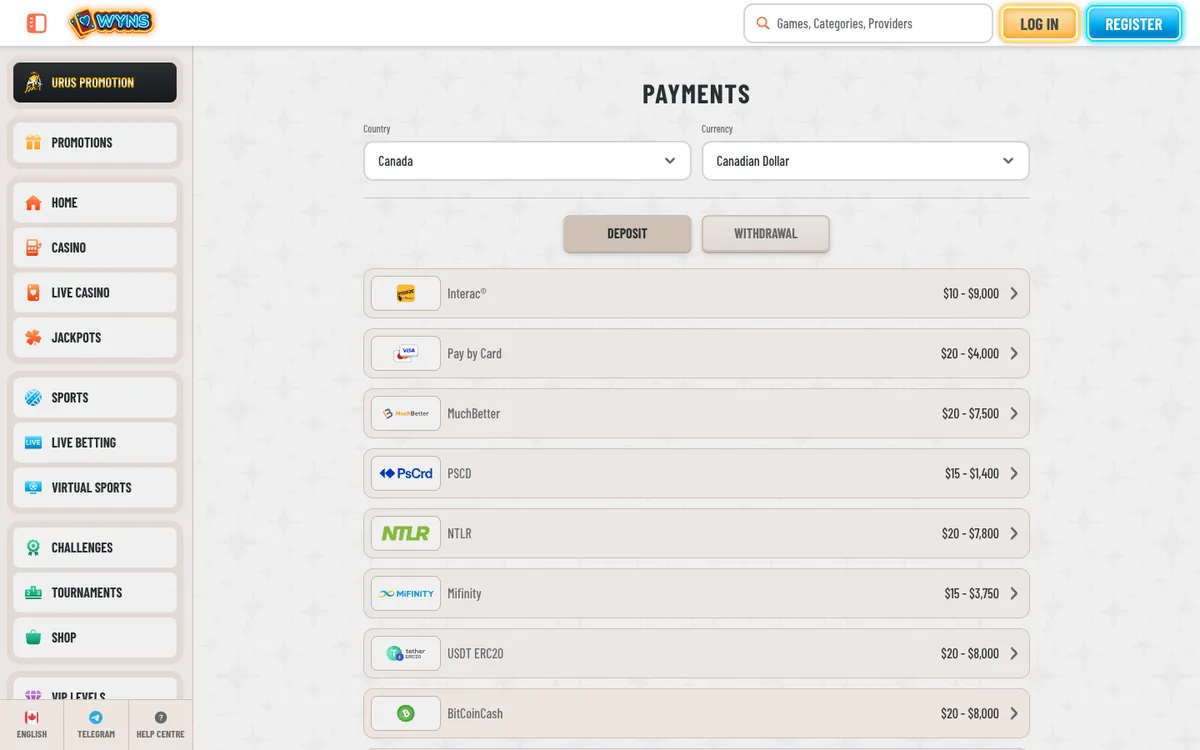 Wyns Casino — Payments, captured from Canada