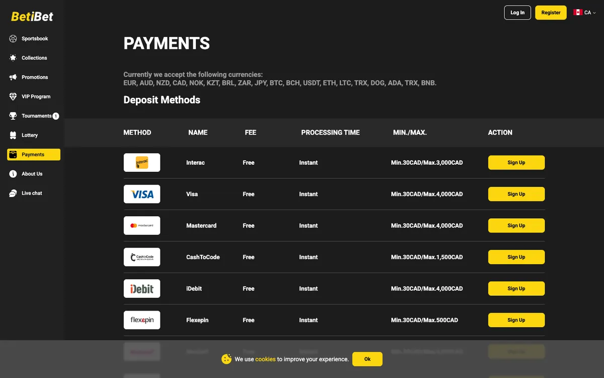 BETiBET Casino — «Платежи», снято из страны Канада