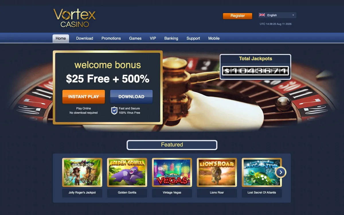 Vortex Casino — «Главная», снято из страны Австралия