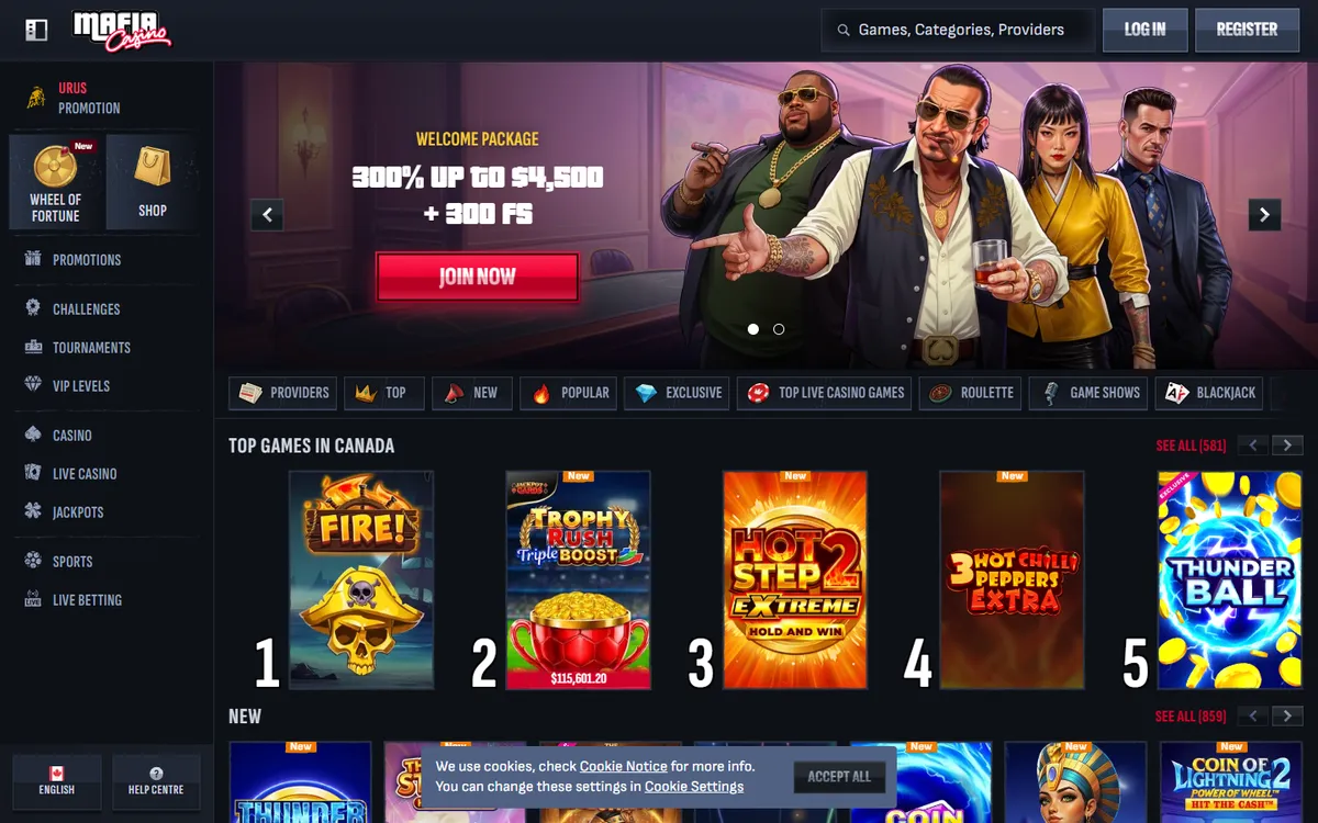 Mafia Casino — Home page, captured from Canada