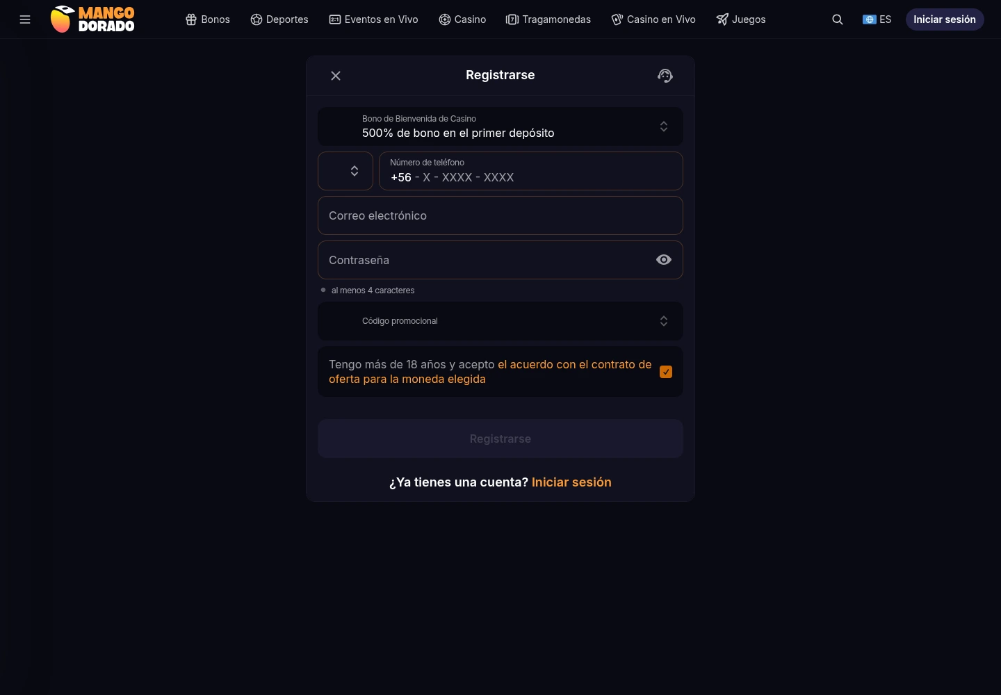 Mango Dorado Casino — Sign-up, captured from Chile