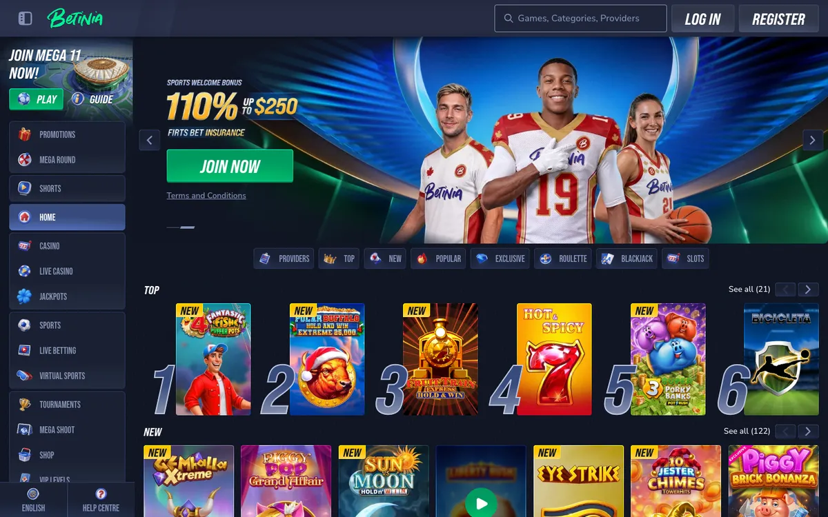 Betinia Casino — Home page, captured from Canada