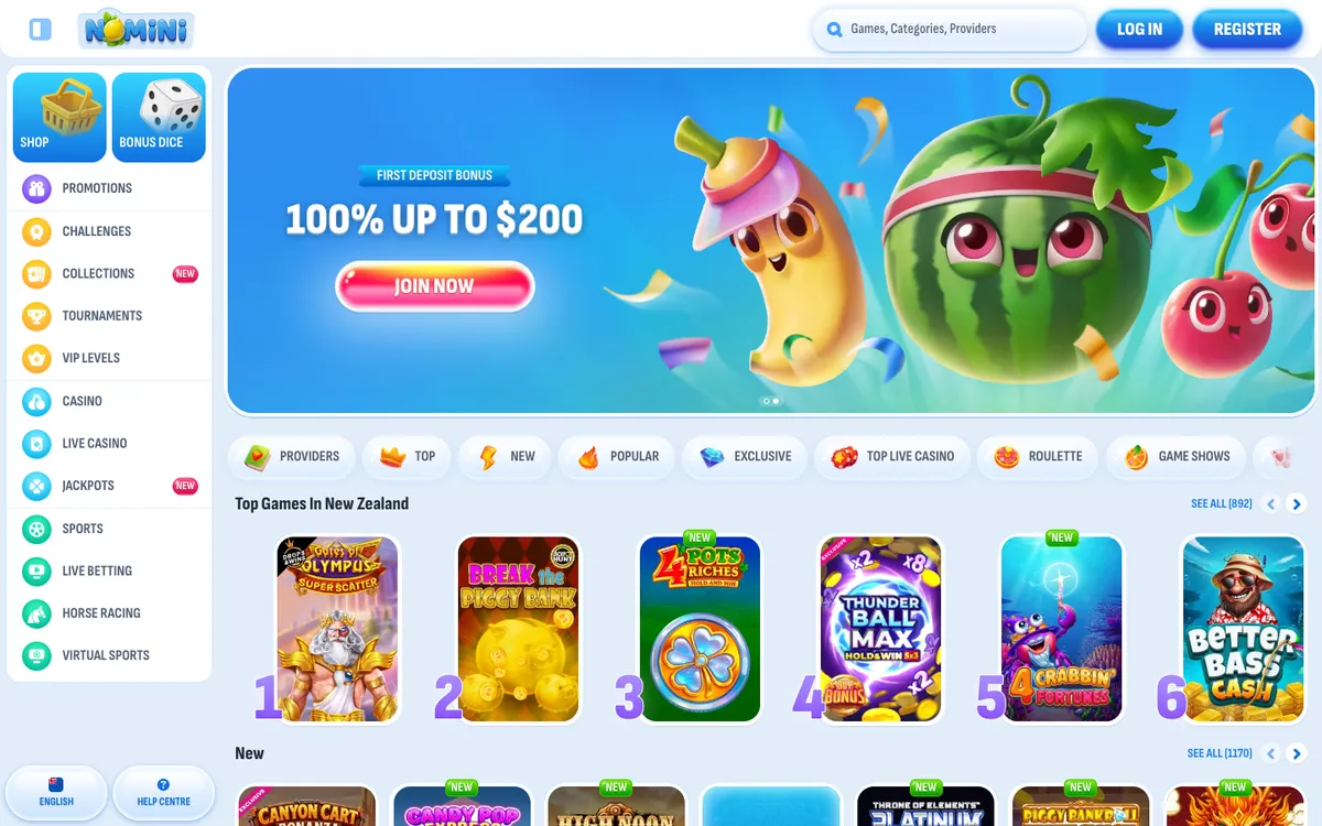 Nomini Casino — «Главная», снято из страны Новая Зеландия