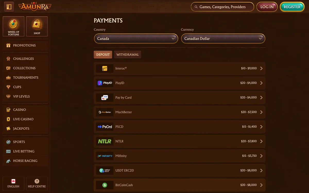 AmunRa Casino — Payments, captured from Canada