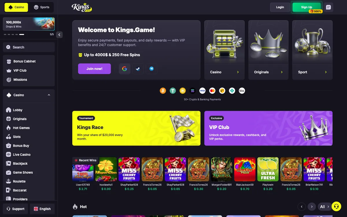 Kings Game Casino — Home page, captured from Canada