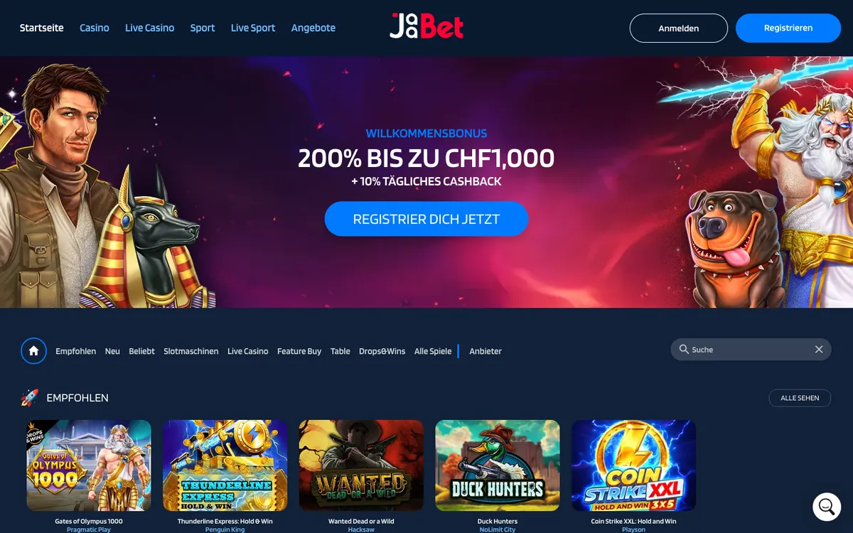 JaaBet Casino — Home page, captured from Switzerland
