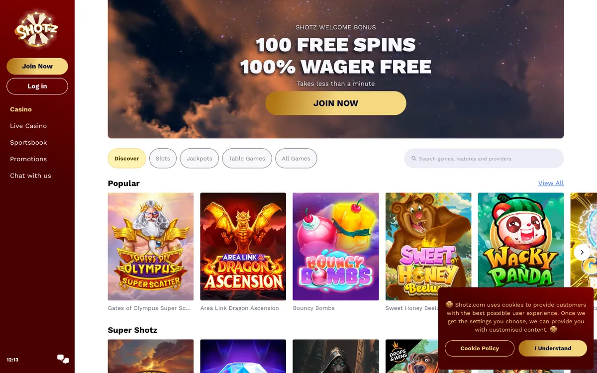 Shotz Casino — Home page, captured from Canada