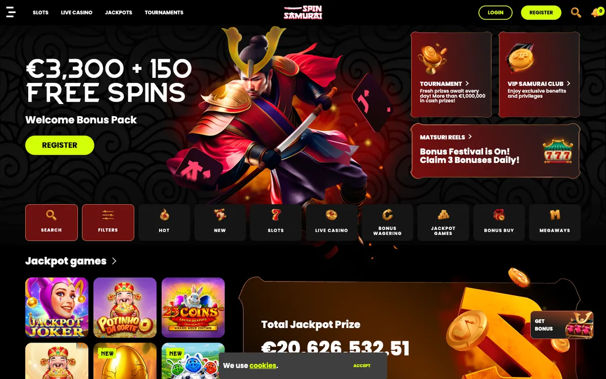 Spin Samurai Casino — Home page, captured from South Africa