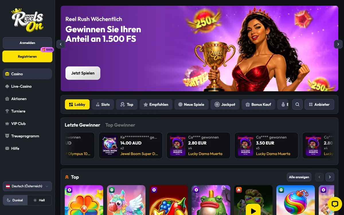 ReelsOn Casino — Home page, captured from Austria