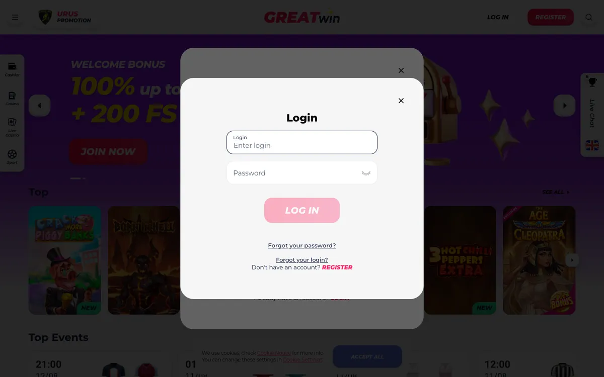 GreatWin Casino — «Регистрация», снято из страны Финляндия