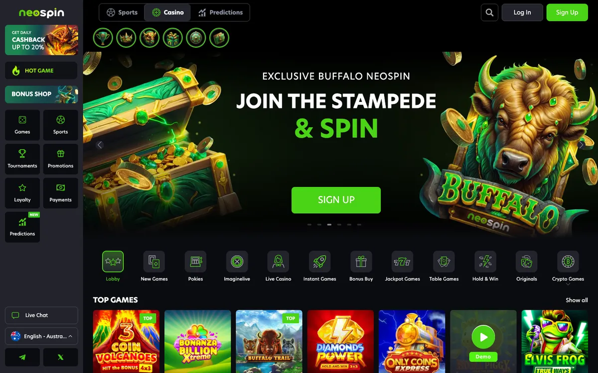 Neospin Casino — Home page, captured from Australia