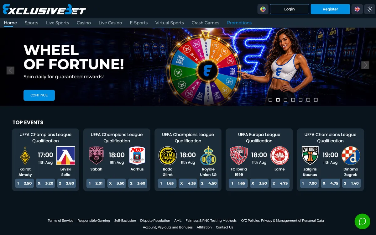 ExclusiveBet Casino — Home page, captured from Belgium