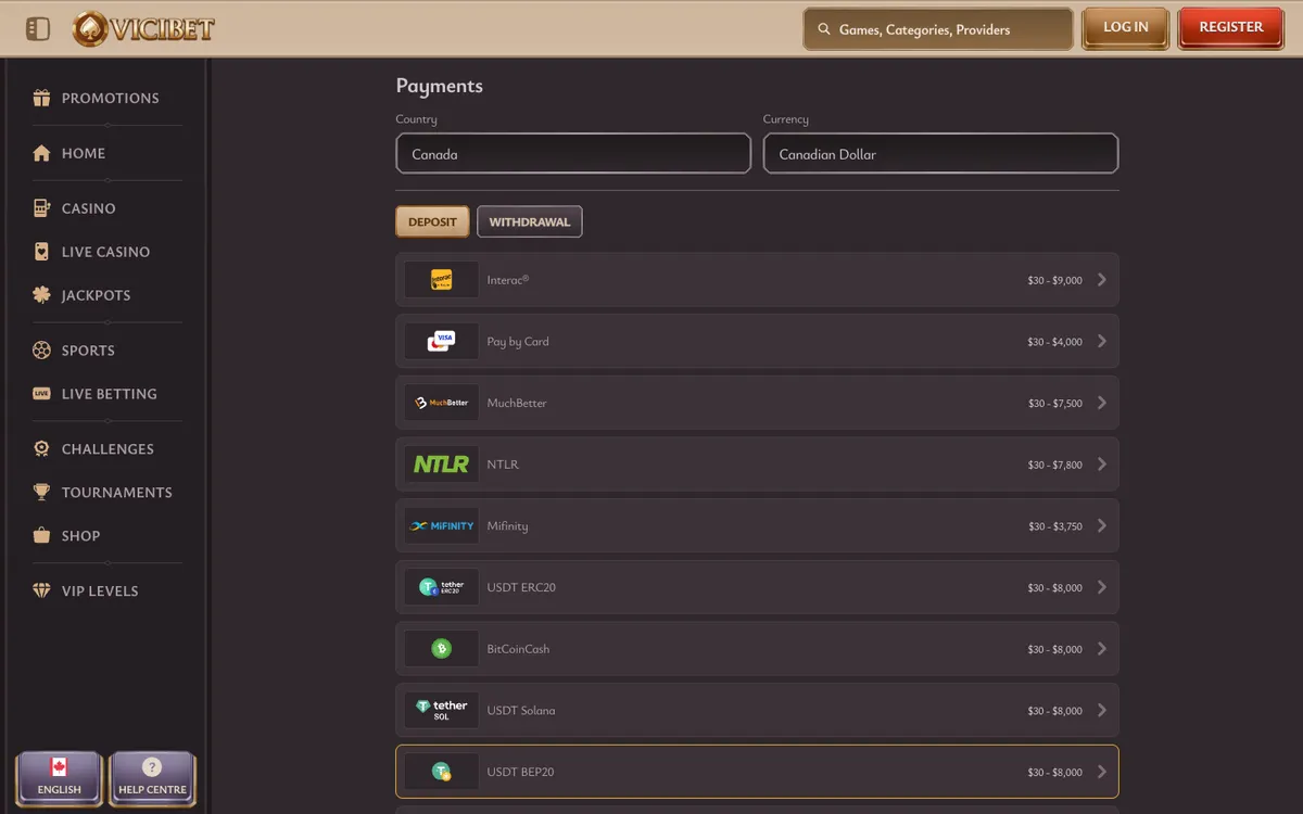 ViciBet Casino — Payments, captured from Canada