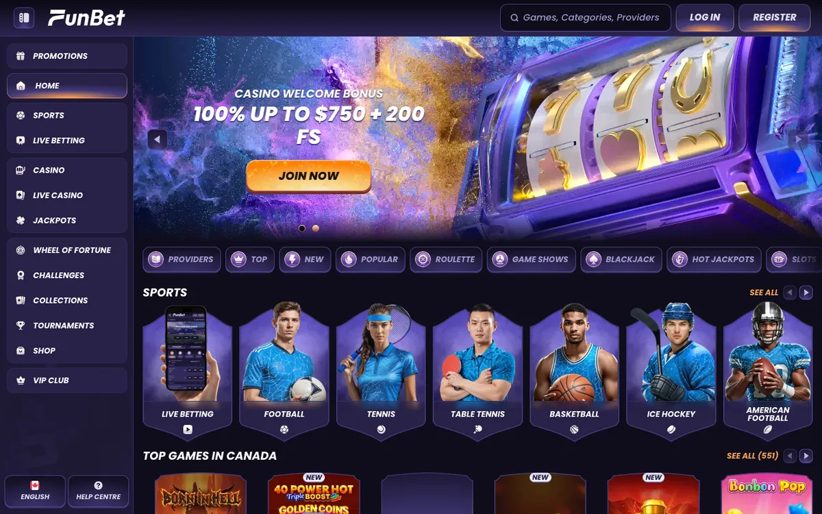 Funbet Casino — Home page, captured from Canada