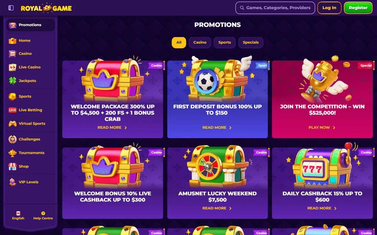 RoyalGame Casino — Promotions, captured from Canada