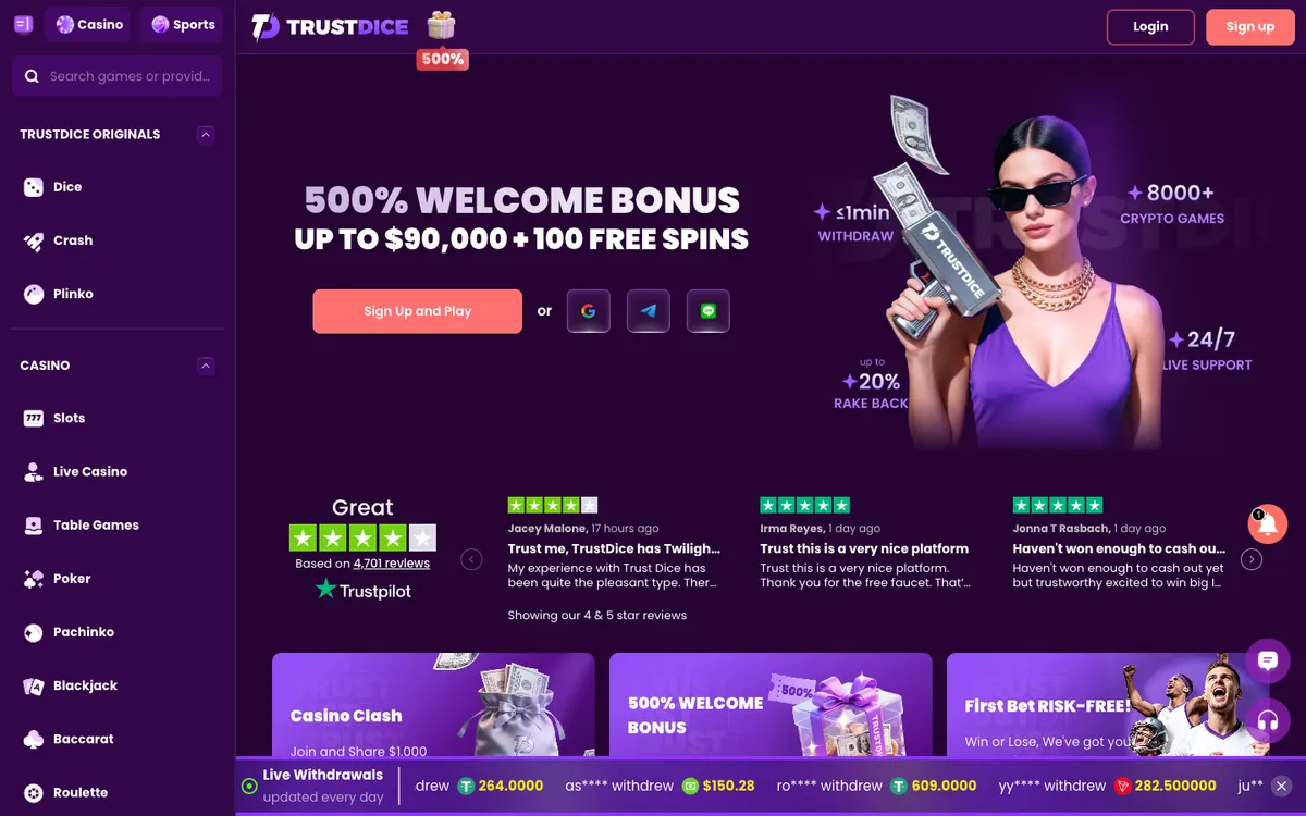 TrustDice Casino — Home page, captured from Belgium