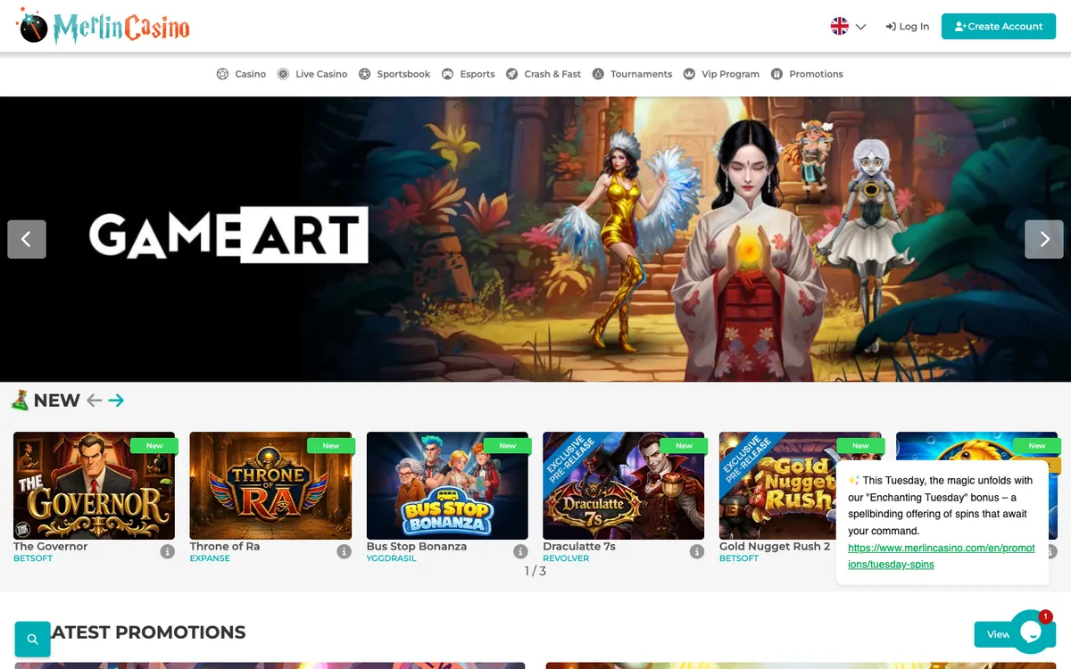 Merlin Casino — Home page, captured from Norway