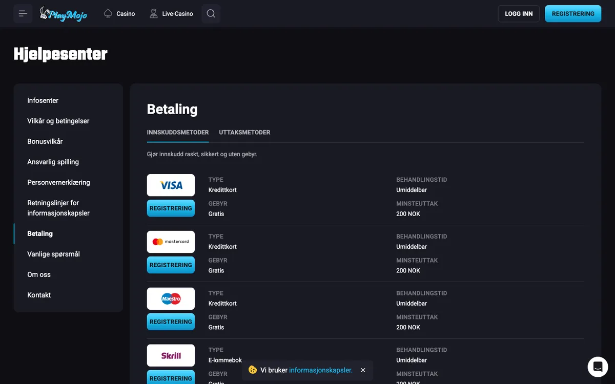 PlayMojo Casino — «Платежи», снято из страны Норвегия