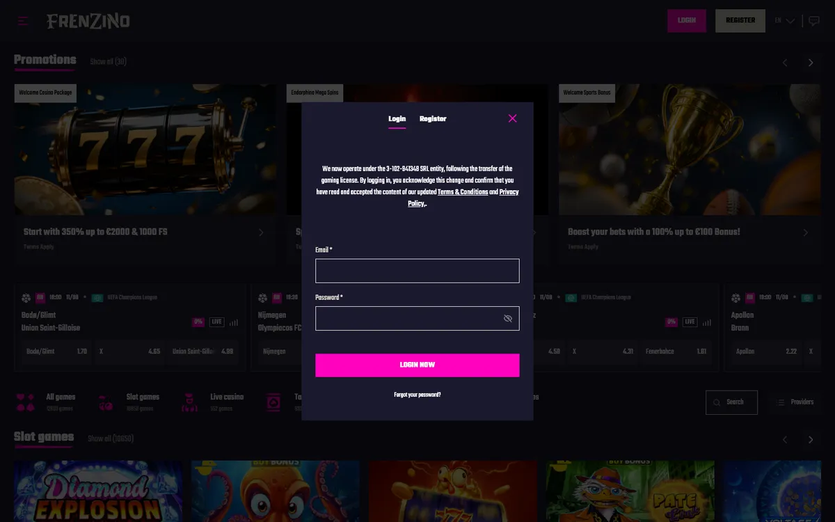 Frenzino Casino — Sign-up, captured from Portugal