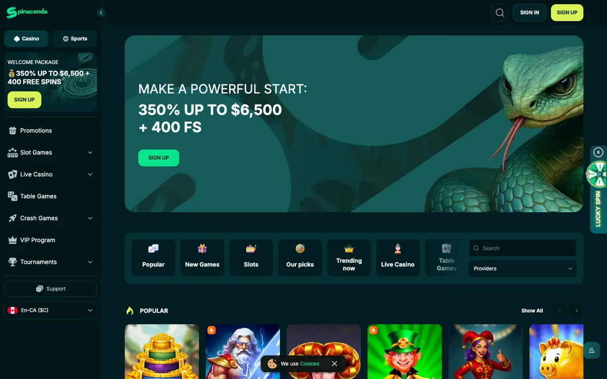 Spinaconda Casino — Home page, captured from Canada