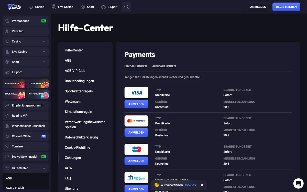Spin Aura Casino — Payments, captured from Austria