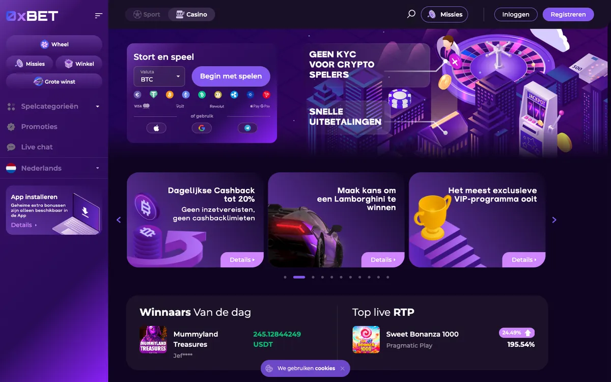 0x.bet Casino — Home page, captured from Belgium