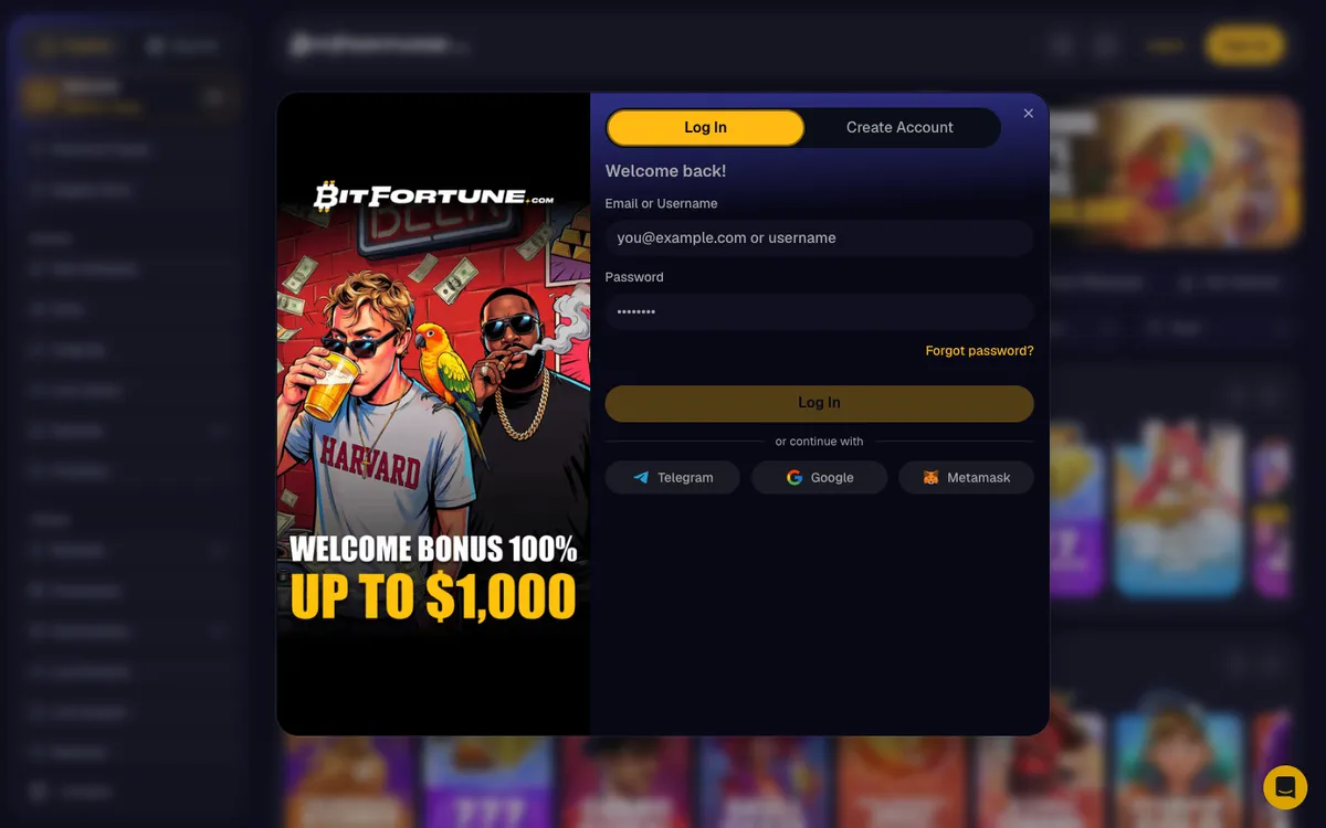 BitFortune Casino — Sign-up, captured from Italy