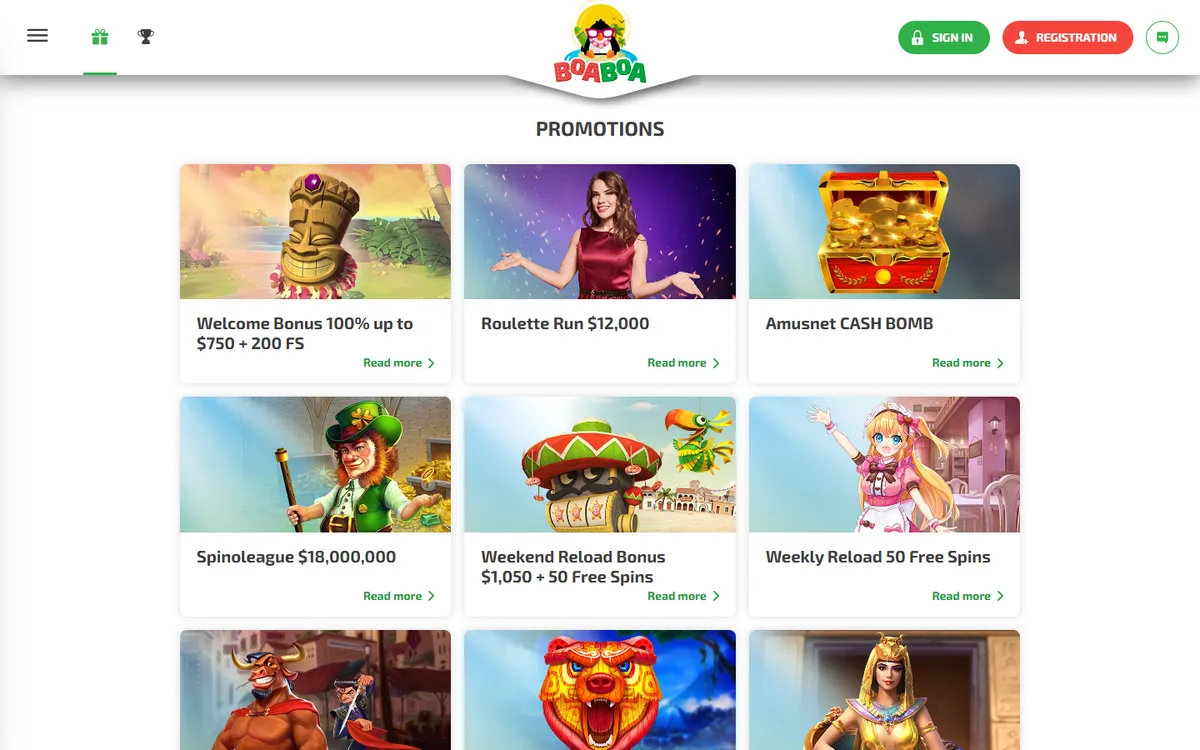 Boaboa Casino — Promotions, captured from Canada