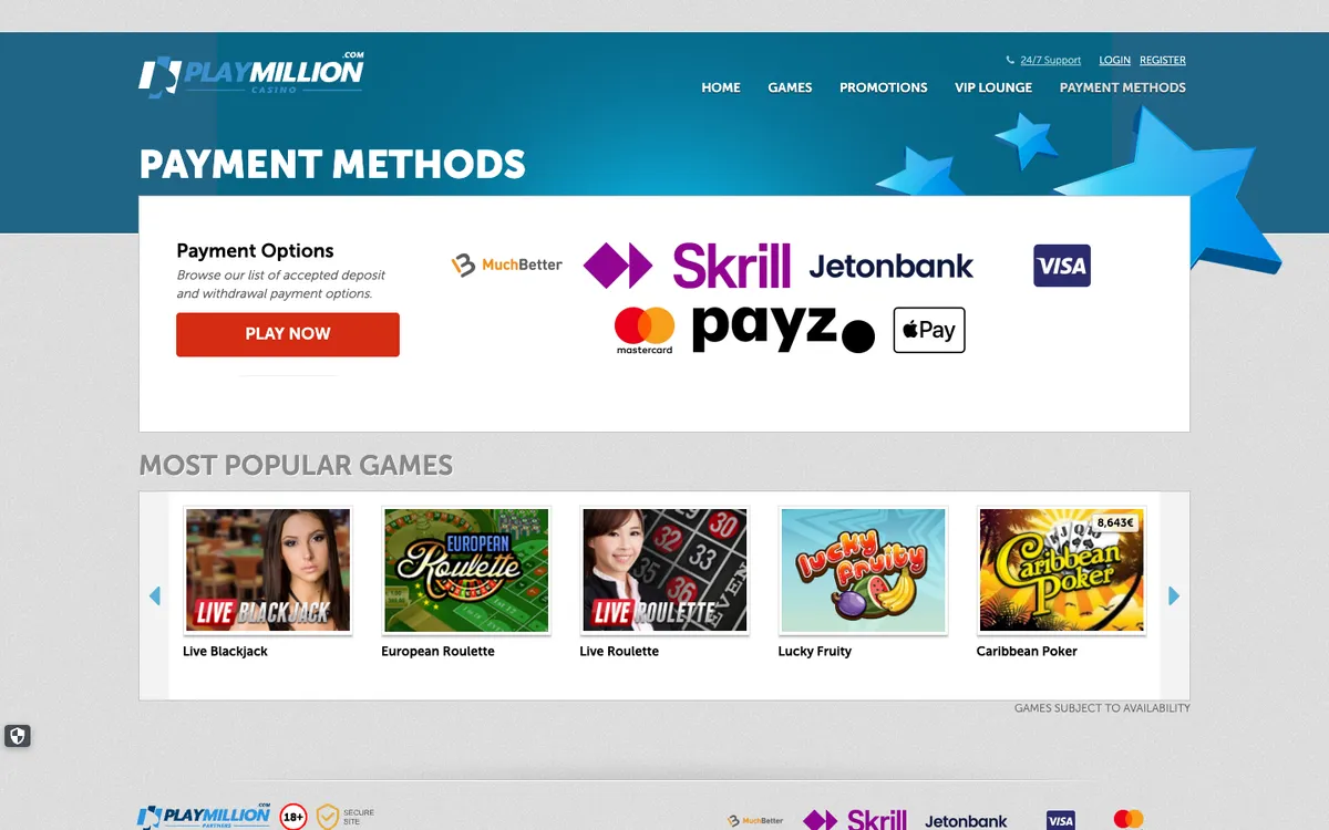 Play Million Casino — Payments, captured from South Africa