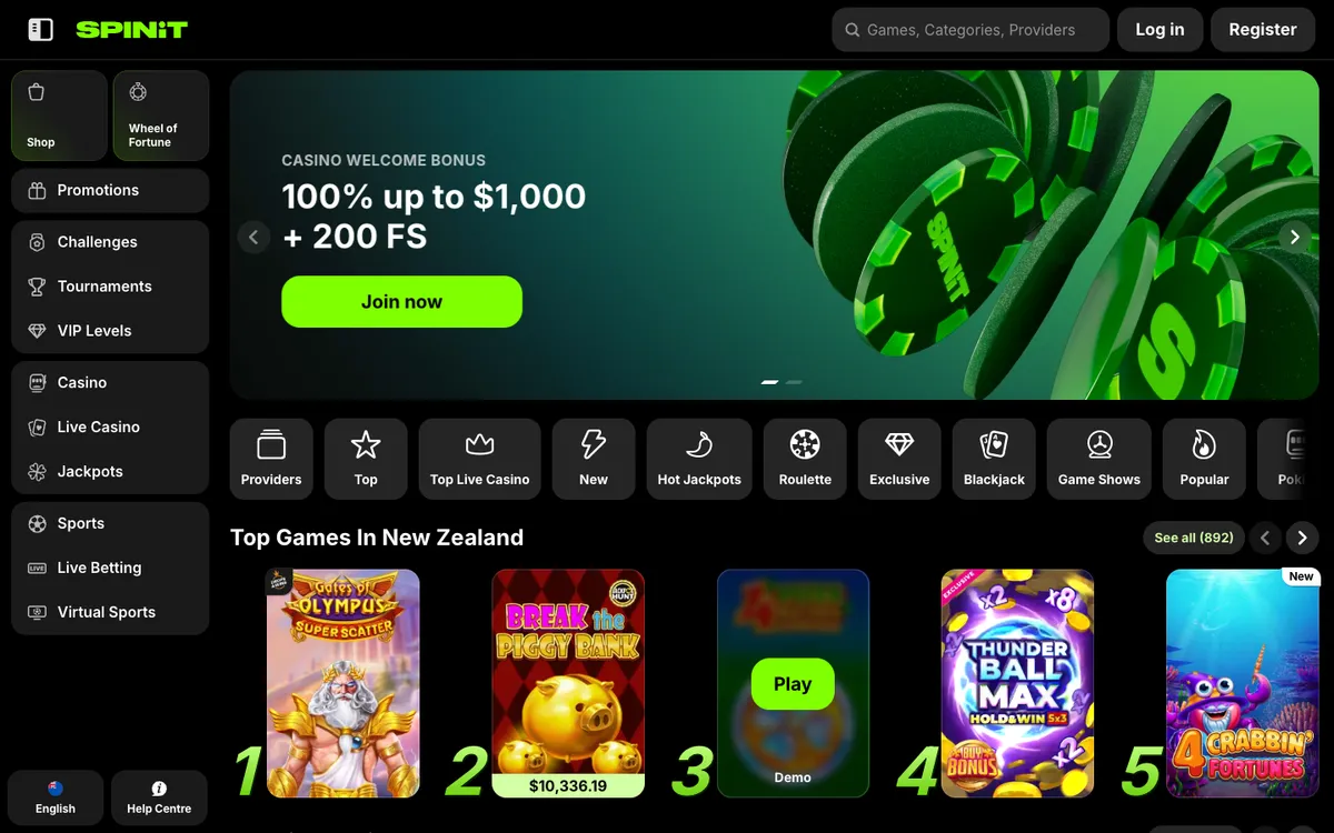 Spinit Casino — Home page, captured from New Zealand