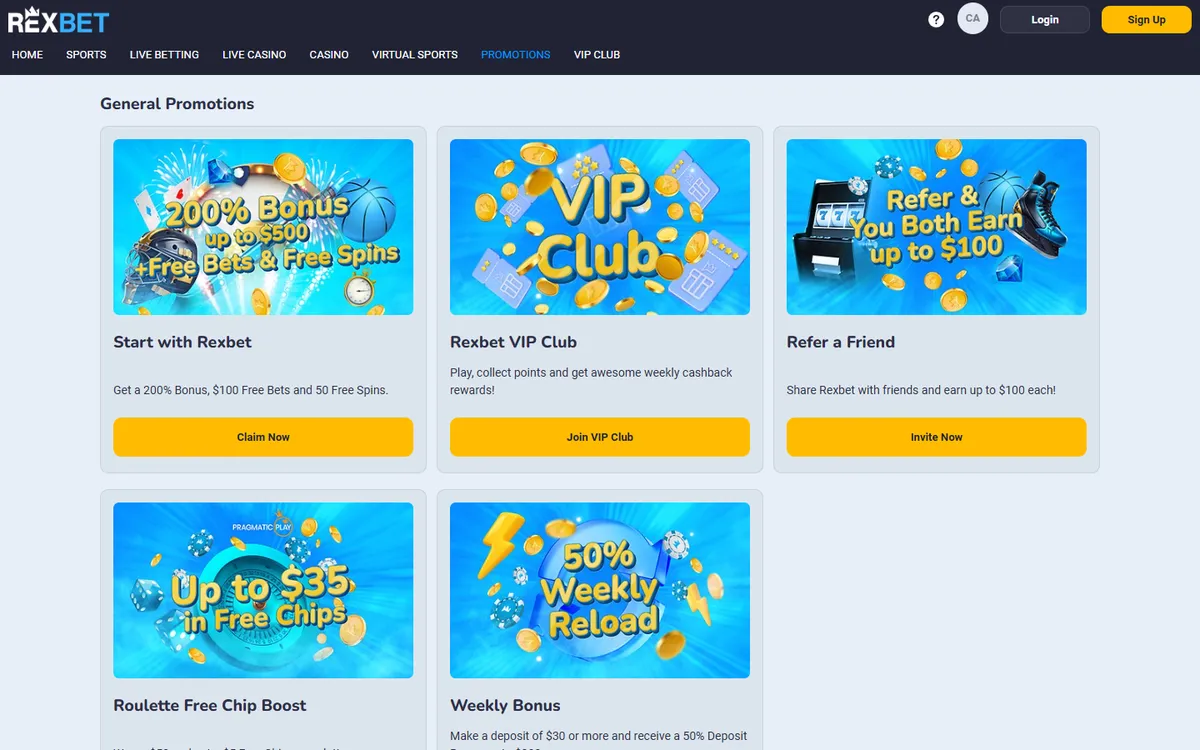 Rexbet Casino — Promotions, captured from Canada