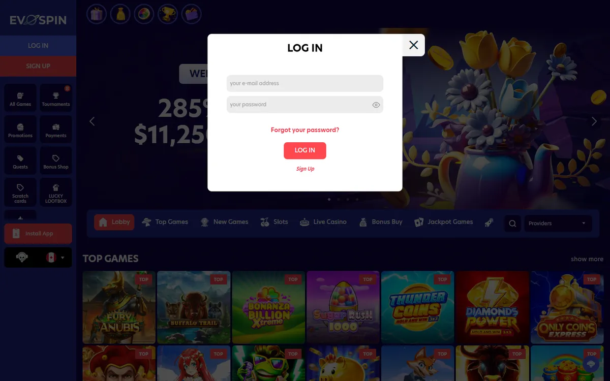 Evospin Casino — Sign-up, captured from Canada