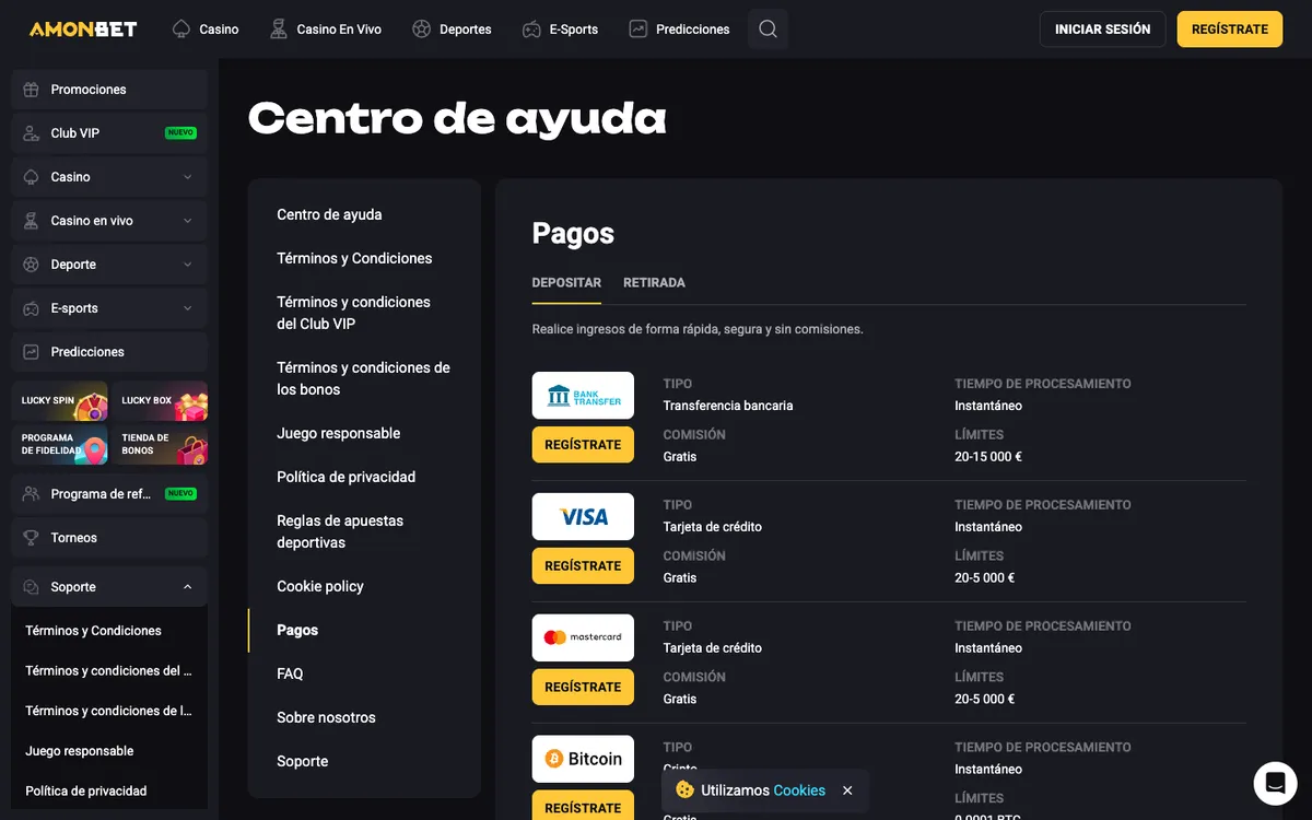 Amonbet Casino — Payments, captured from Spain