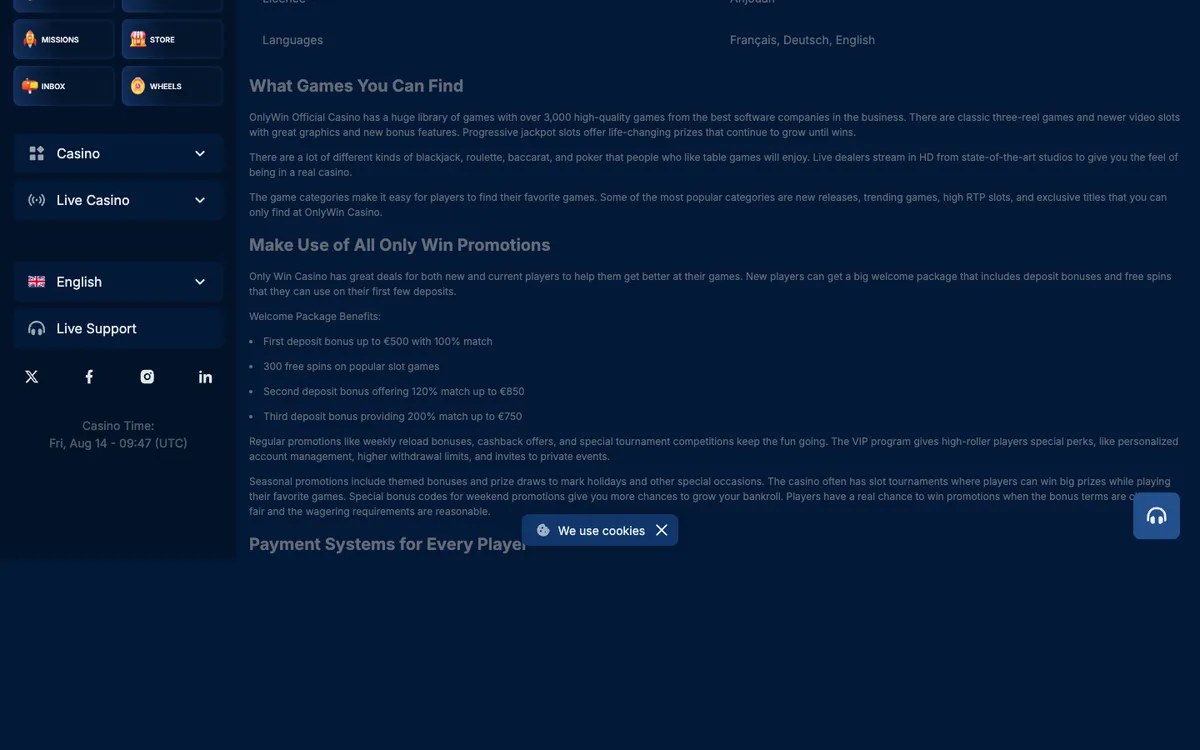 OnlyWin Casino — Home page, captured from Canada