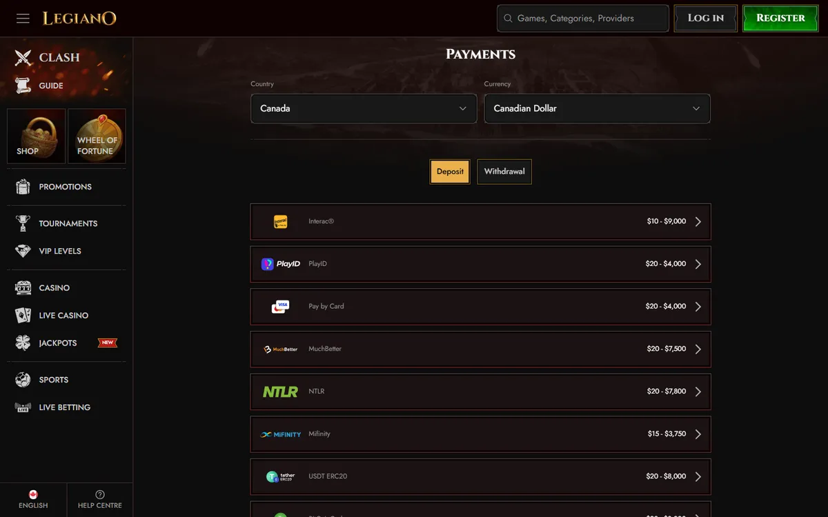 Legiano Casino — Payments, captured from Canada