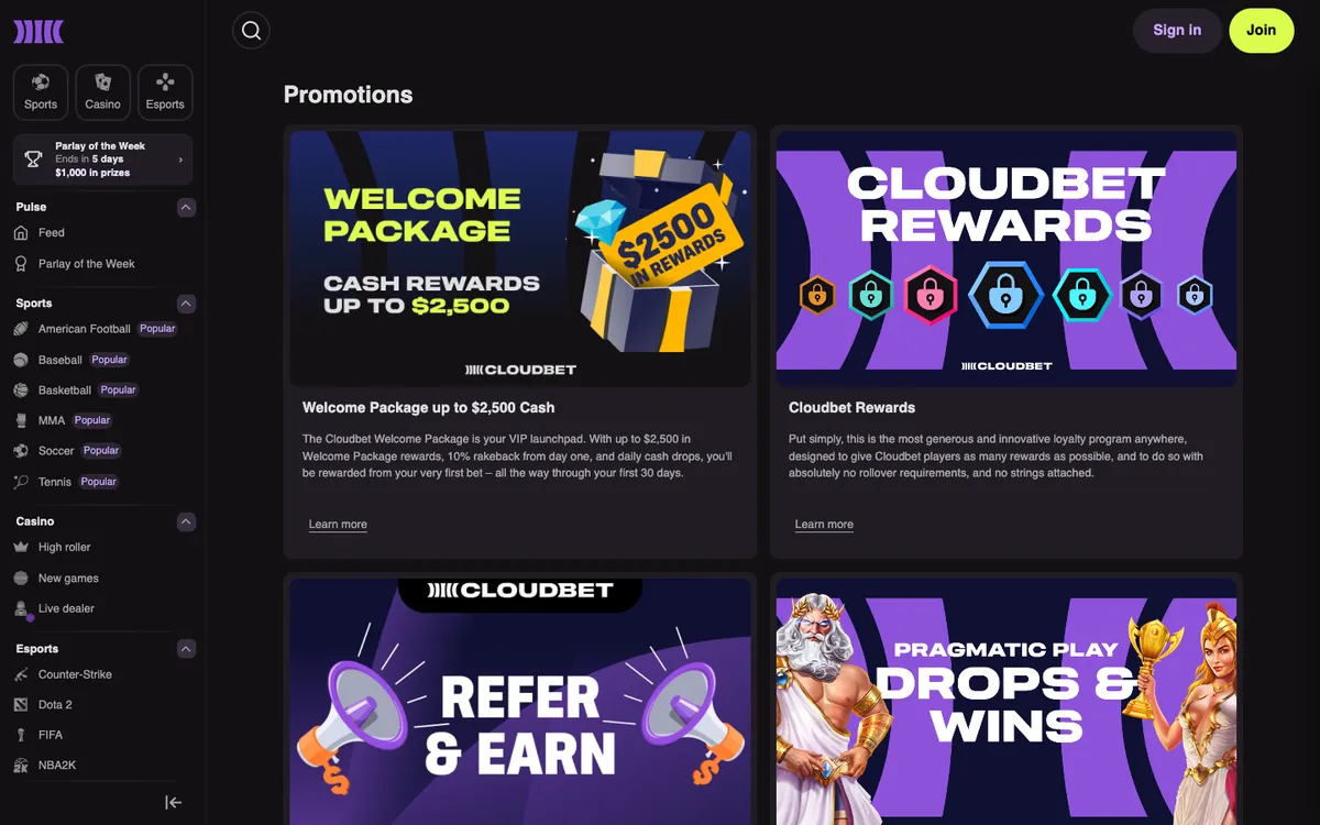 Cloudbet Casino — Promotions, captured from Australia