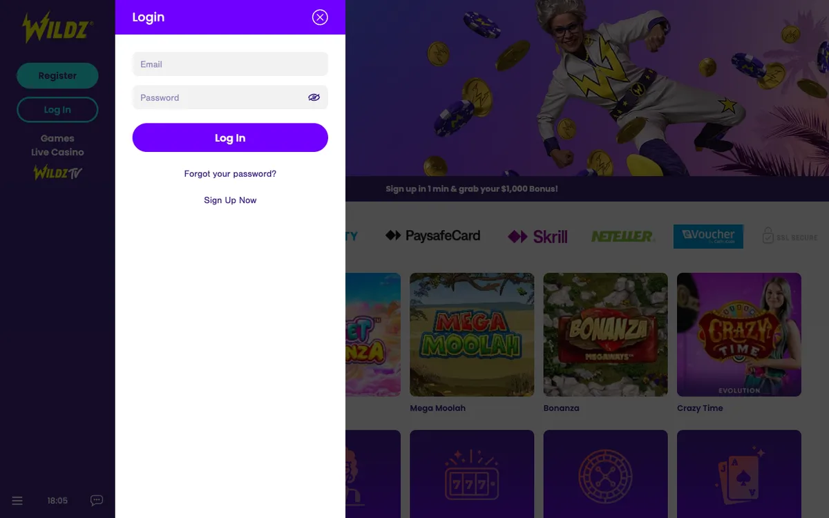 Wildz Casino — Sign-up, captured from New Zealand