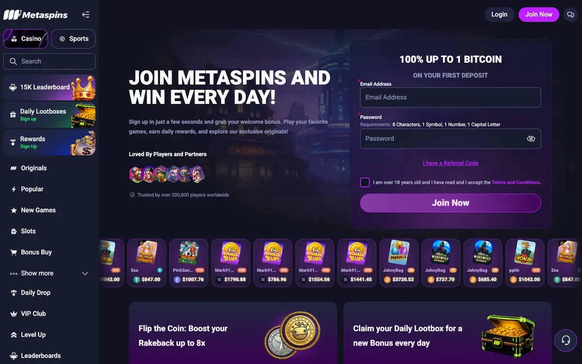 Metaspins Crypto Casino — Home page, captured from Austria
