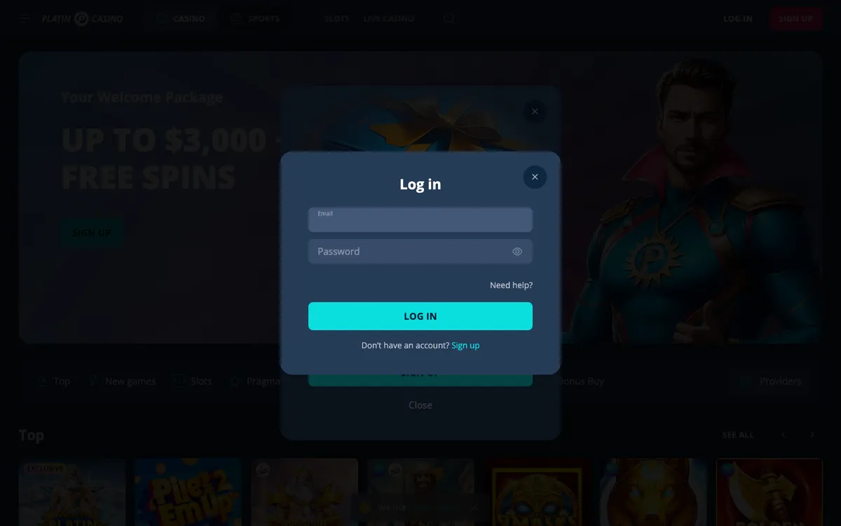 Platincasino — «Регистрация», снято из страны Канада