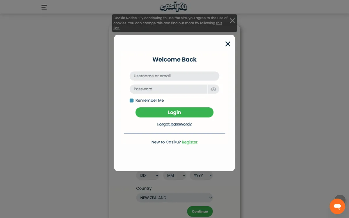 Casiku Casino — Sign-up, captured from New Zealand