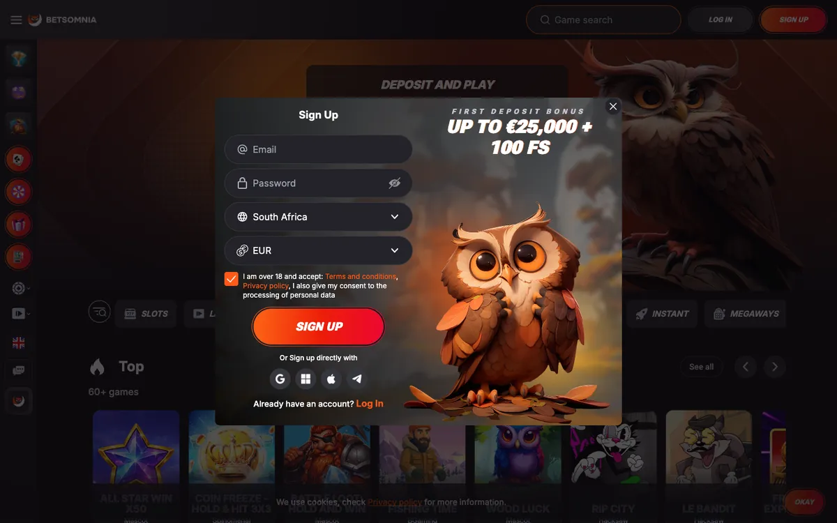 Betsomnia Casino — Sign-up, captured from South Africa